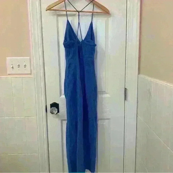 Zara RUCHED LINEN BLEND MIDI DRESS Blue Size M - Picture 9 of 10